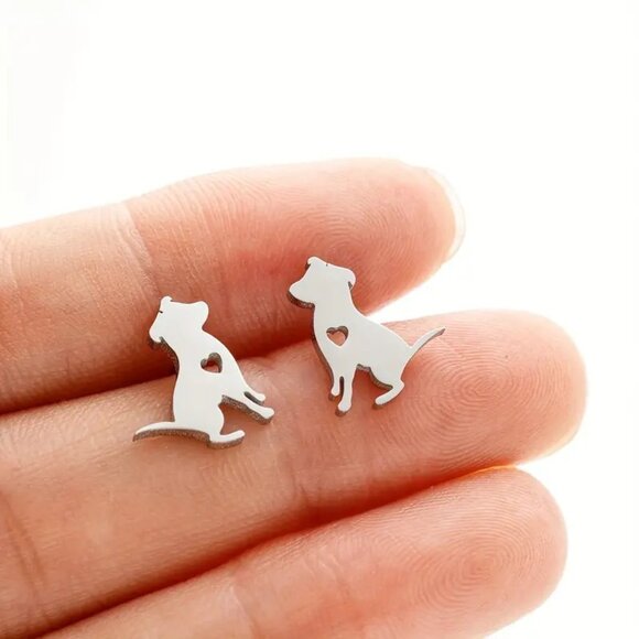 Silver Stainless Steel DOG Puppy Stud Earrings - Picture 2 of 3